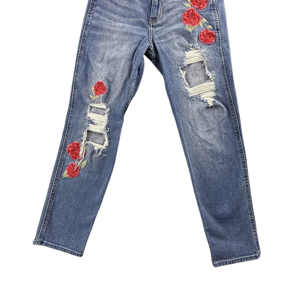 Hollister High Rise Slim Straight Jeans Women 0R Distressed Rose Embroidered Y2K - Picture 9 of 16